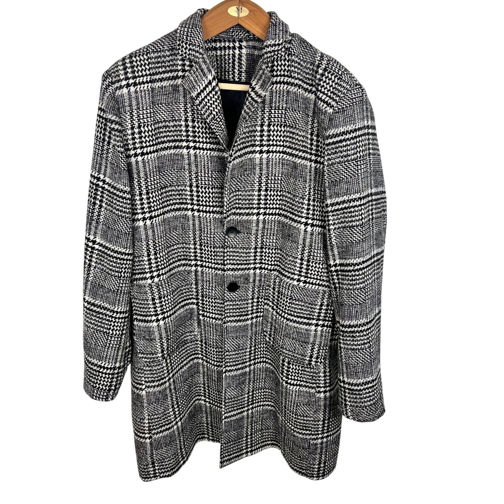 Houndstooth Trench Coat Plaid Academia Mens 2XL Wool Blend Black White